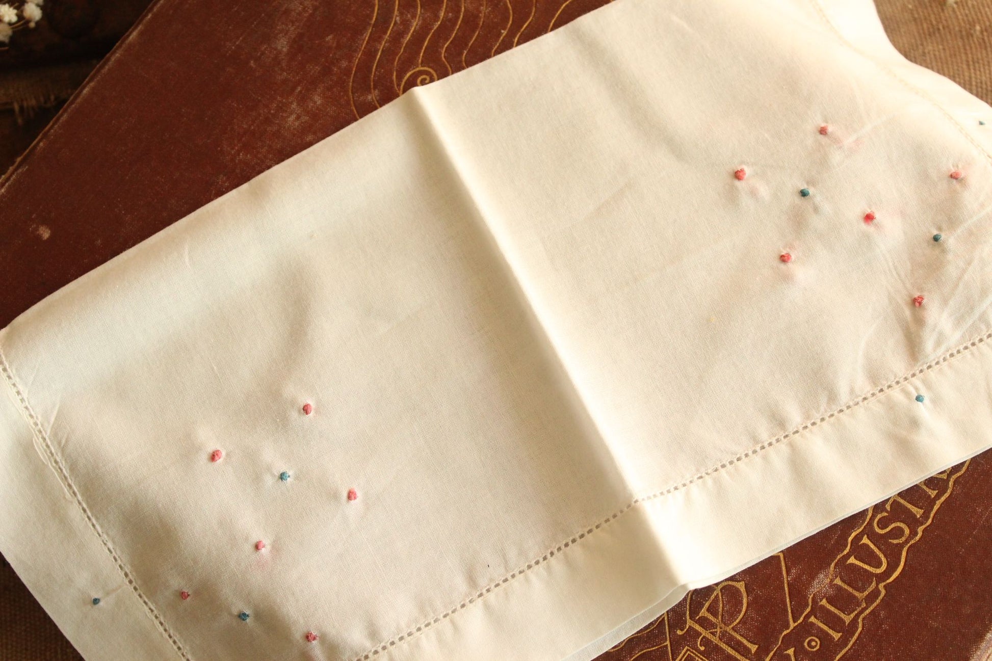 Vintage White Linen with Pink and Blue Swiss Dots Embroidered Hankie