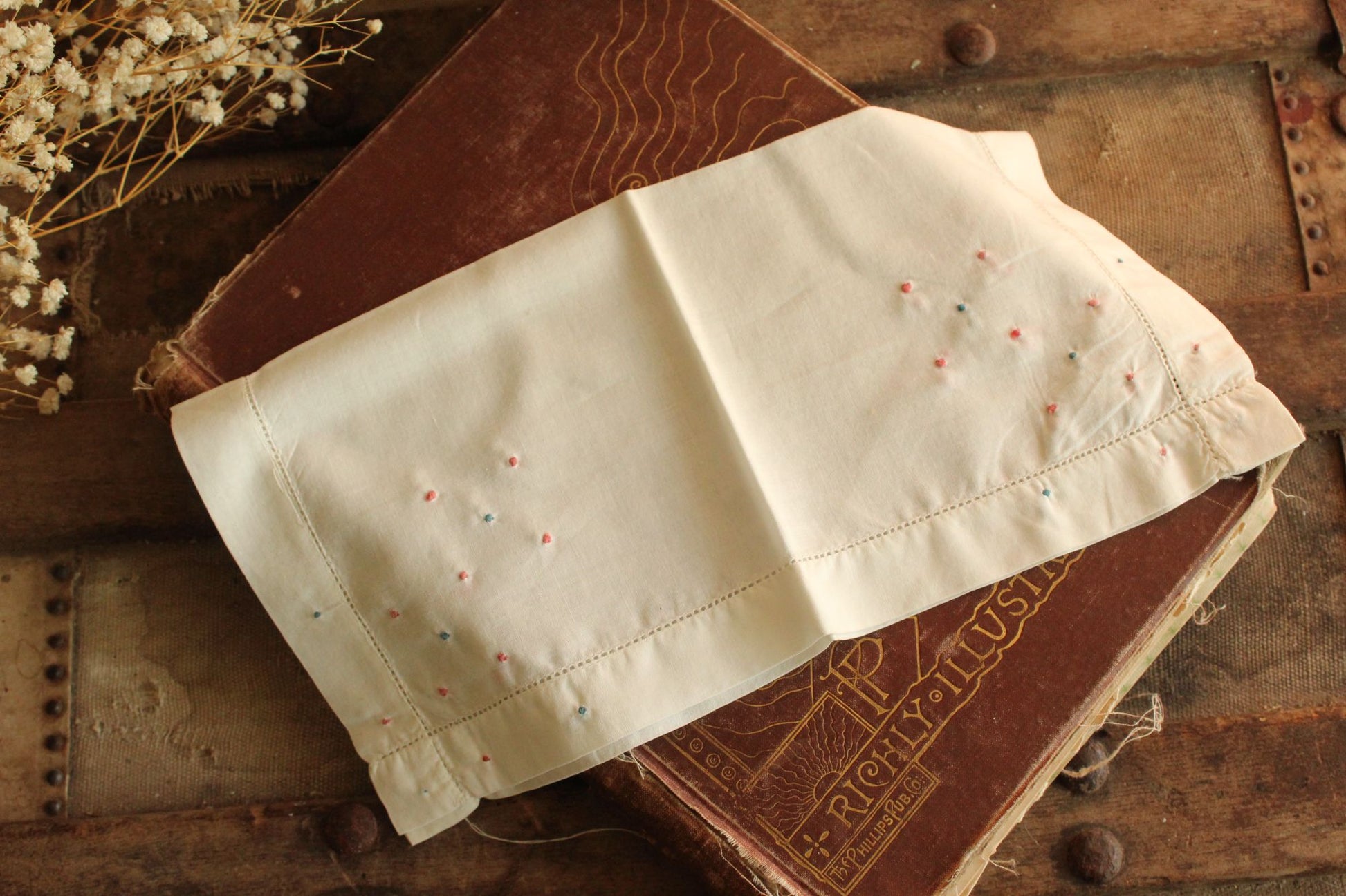Vintage White Linen with Pink and Blue Swiss Dots Embroidered Hankie