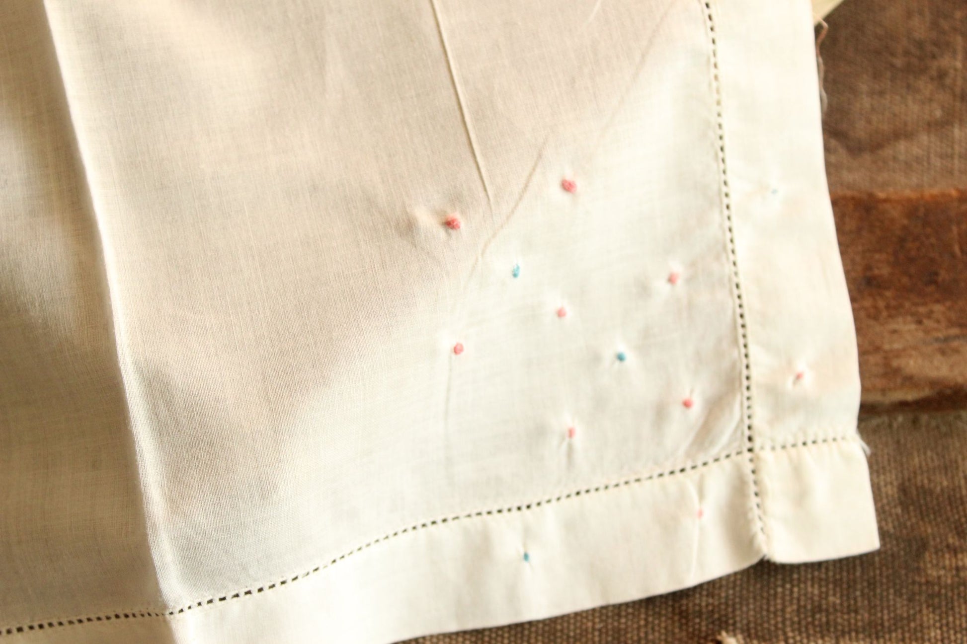 Vintage White Linen with Pink and Blue Swiss Dots Embroidered Hankie