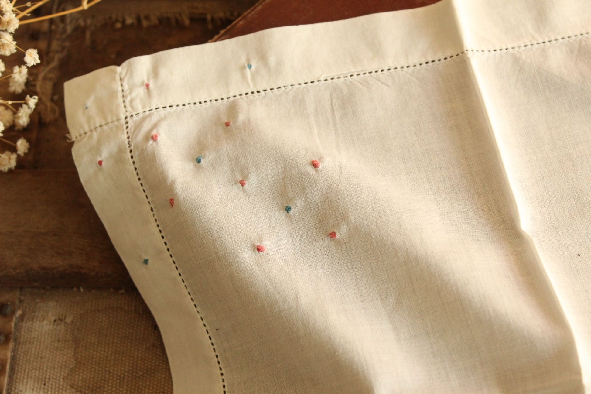 Vintage White Linen with Pink and Blue Swiss Dots Embroidered Hankie
