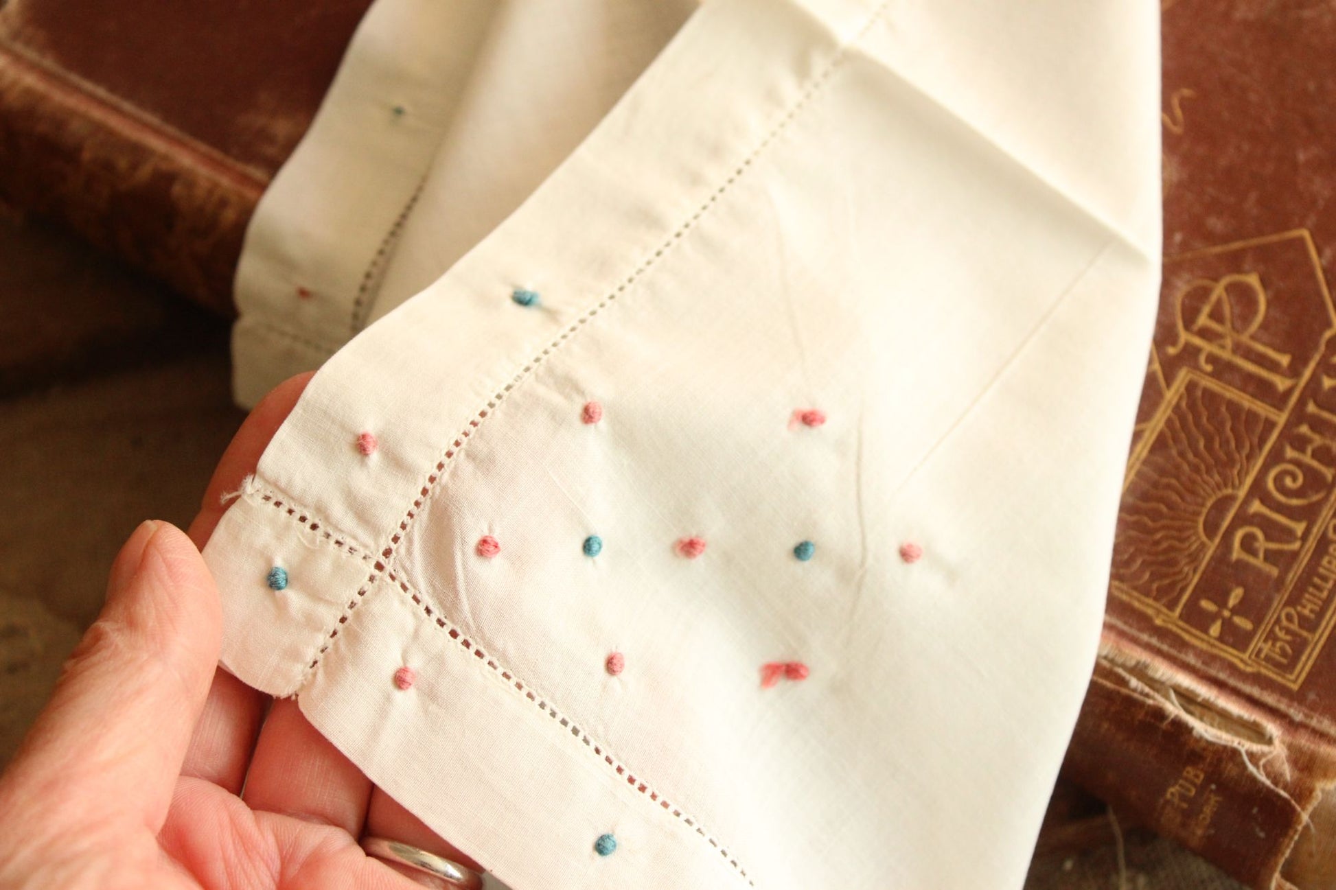 Vintage White Linen with Pink and Blue Swiss Dots Embroidered Hankie