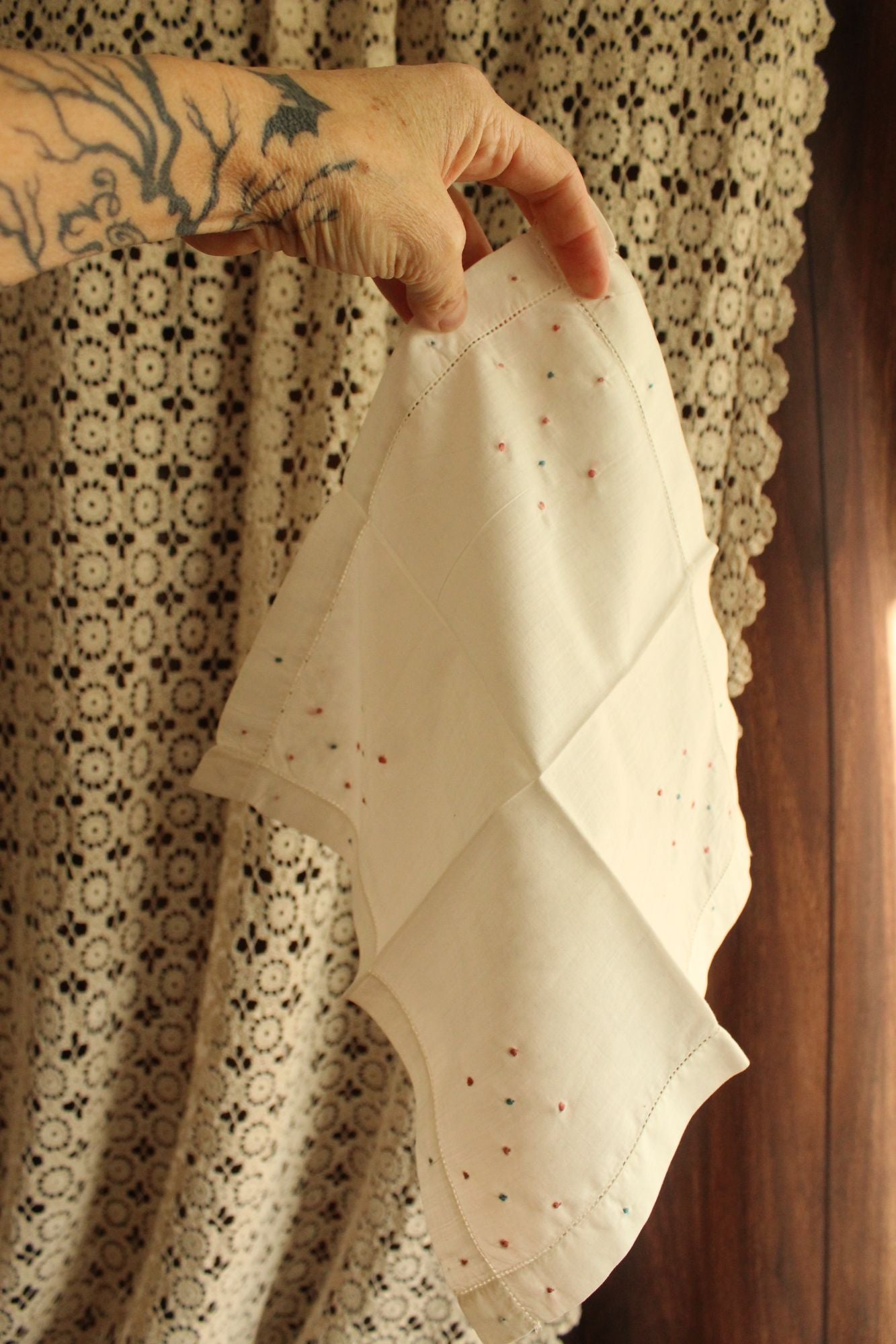 Vintage White Linen with Pink and Blue Swiss Dots Embroidered Hankie