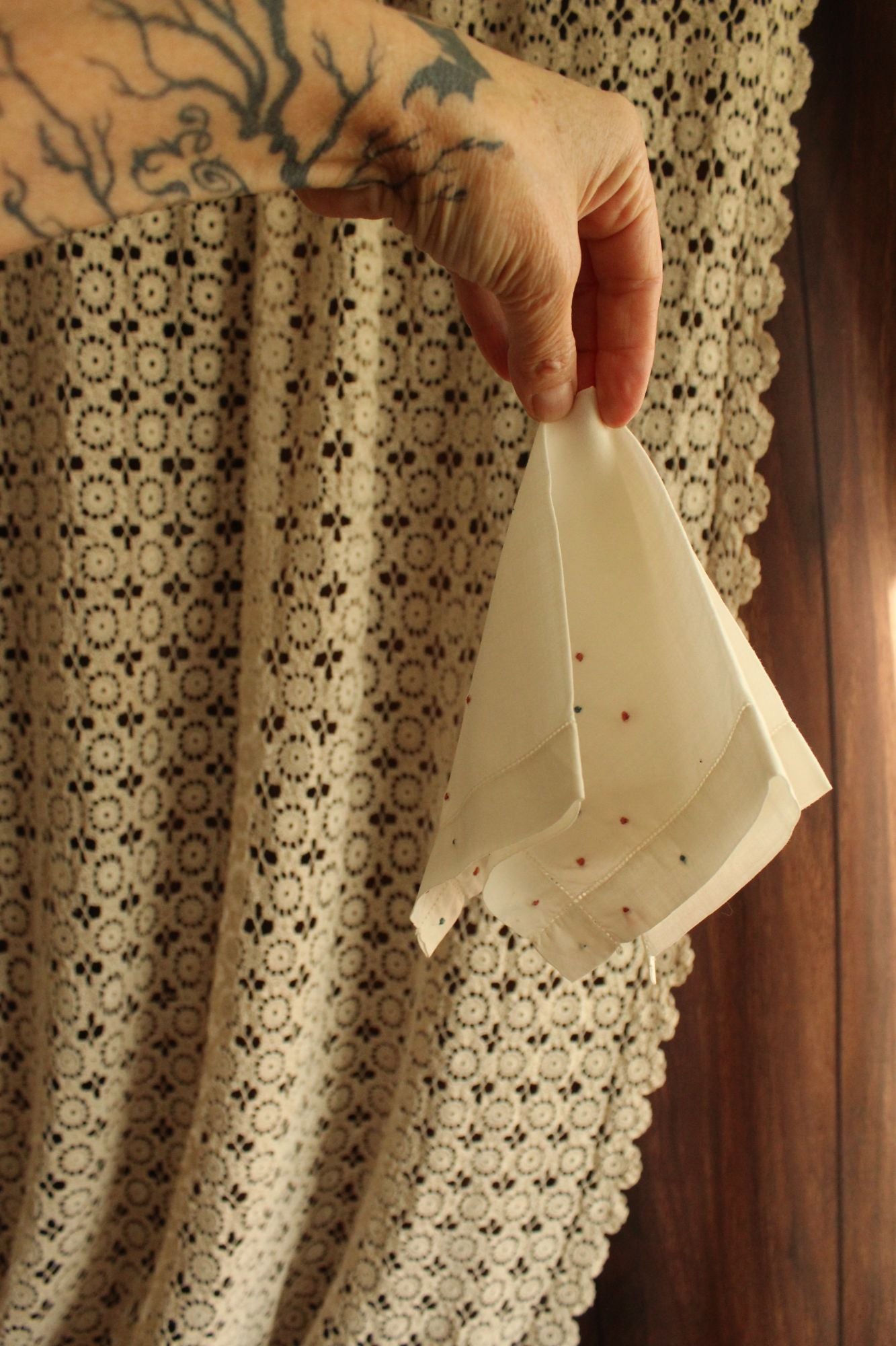 Vintage White Linen with Pink and Blue Swiss Dots Embroidered Hankie