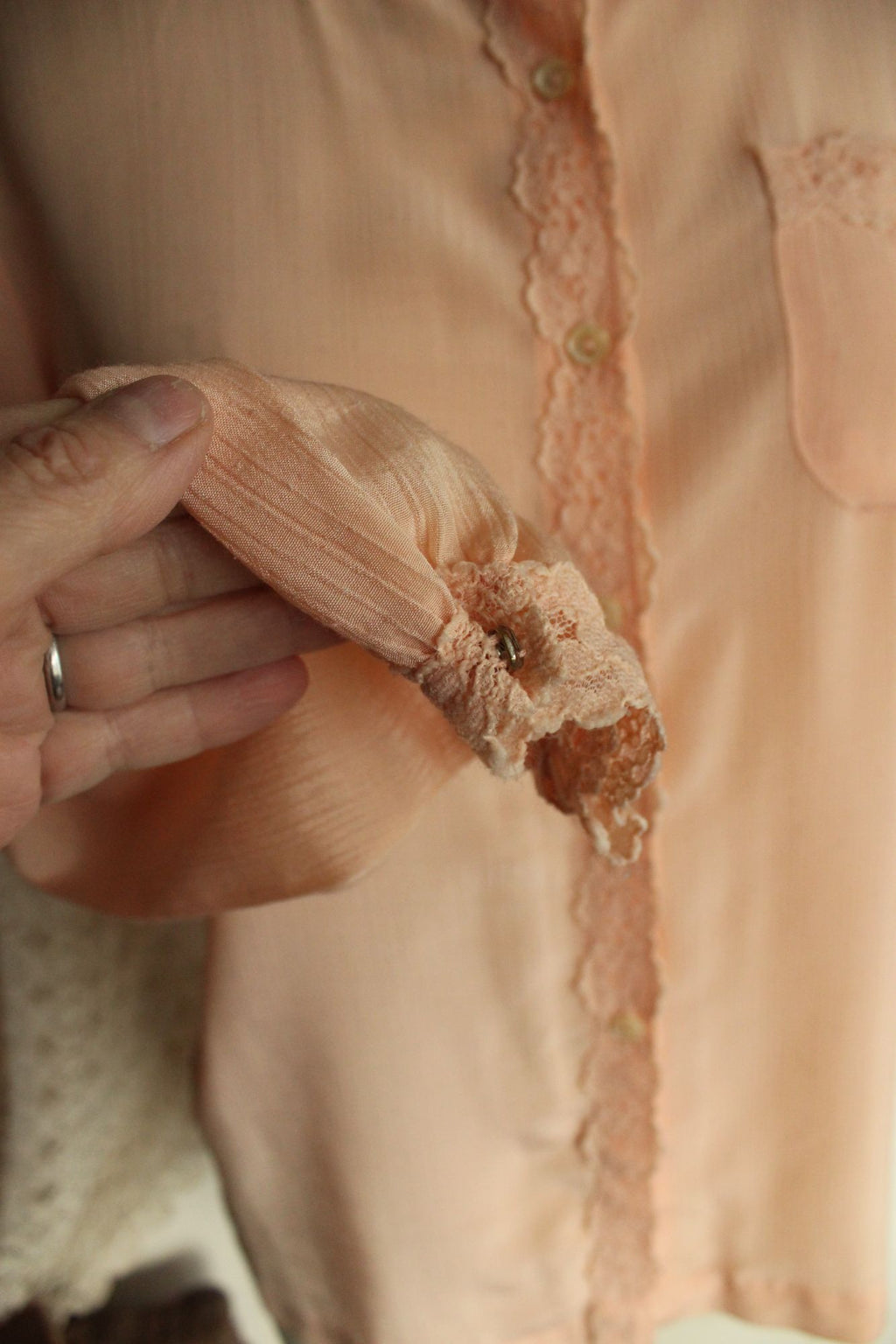 Vintage 1970s 1980s Miss Capri Peach Shirt with Lace Trim