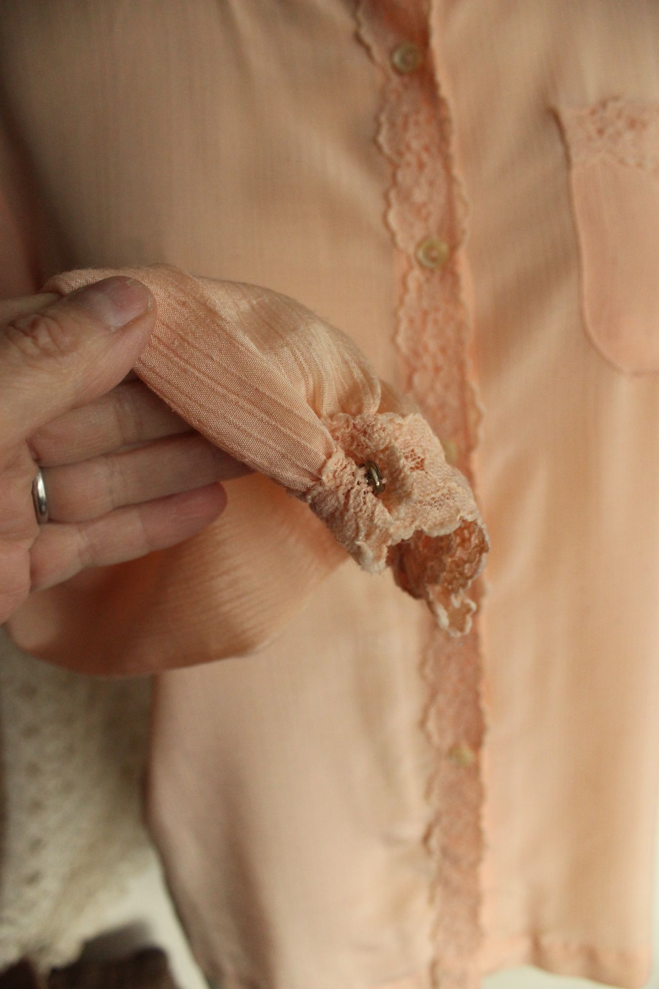 Vintage 1970s 1980s Miss Capri Peach Shirt with Lace Trim