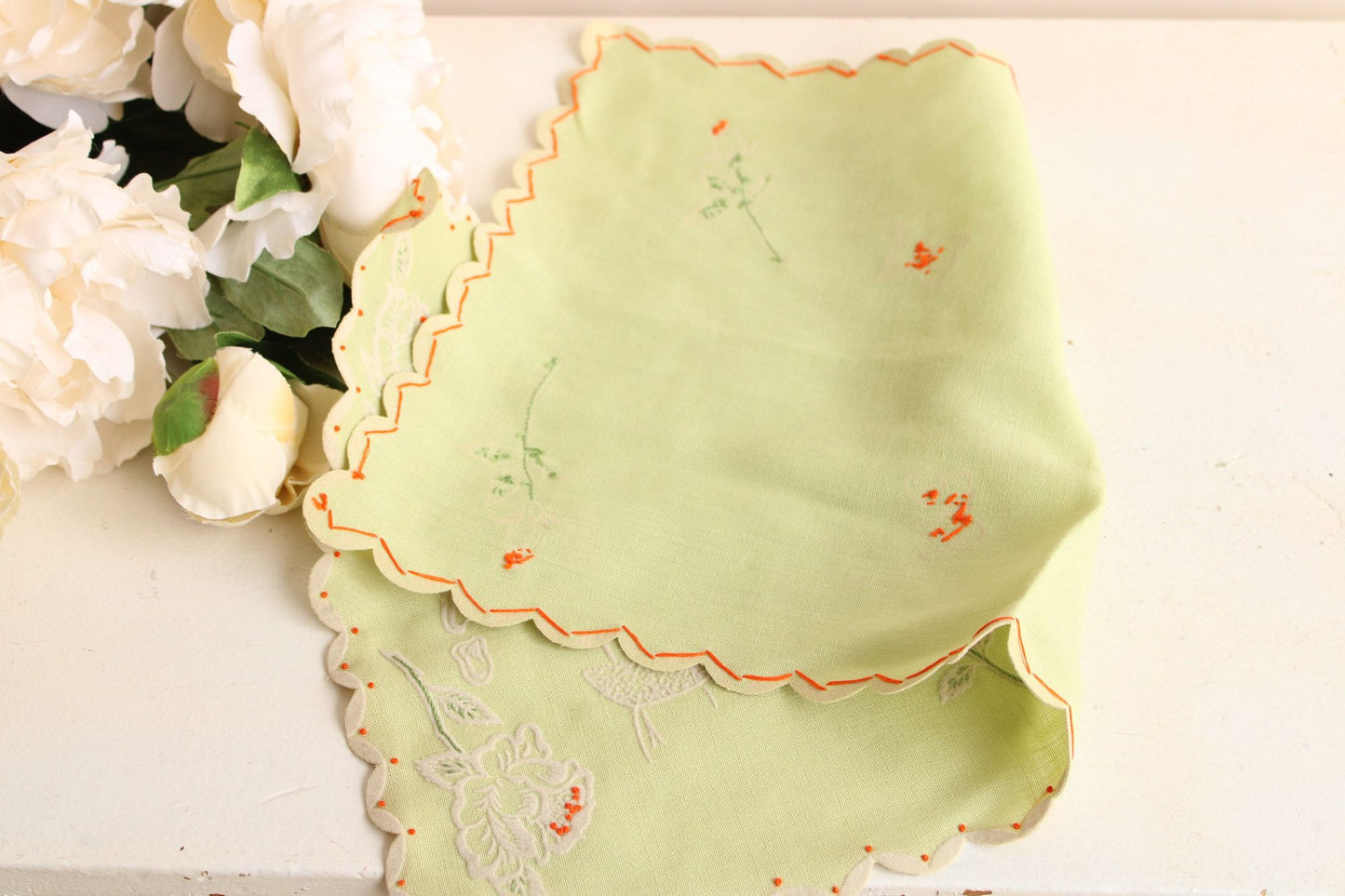 Vintage Green Linen Tea Towel with Floral Rose Embroidery
