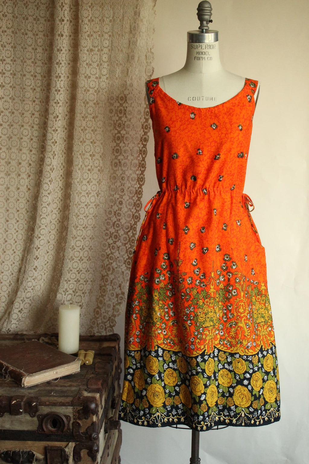 Vintage 1970s 1980s Orange and Black Floral Print Sundress with Pockets