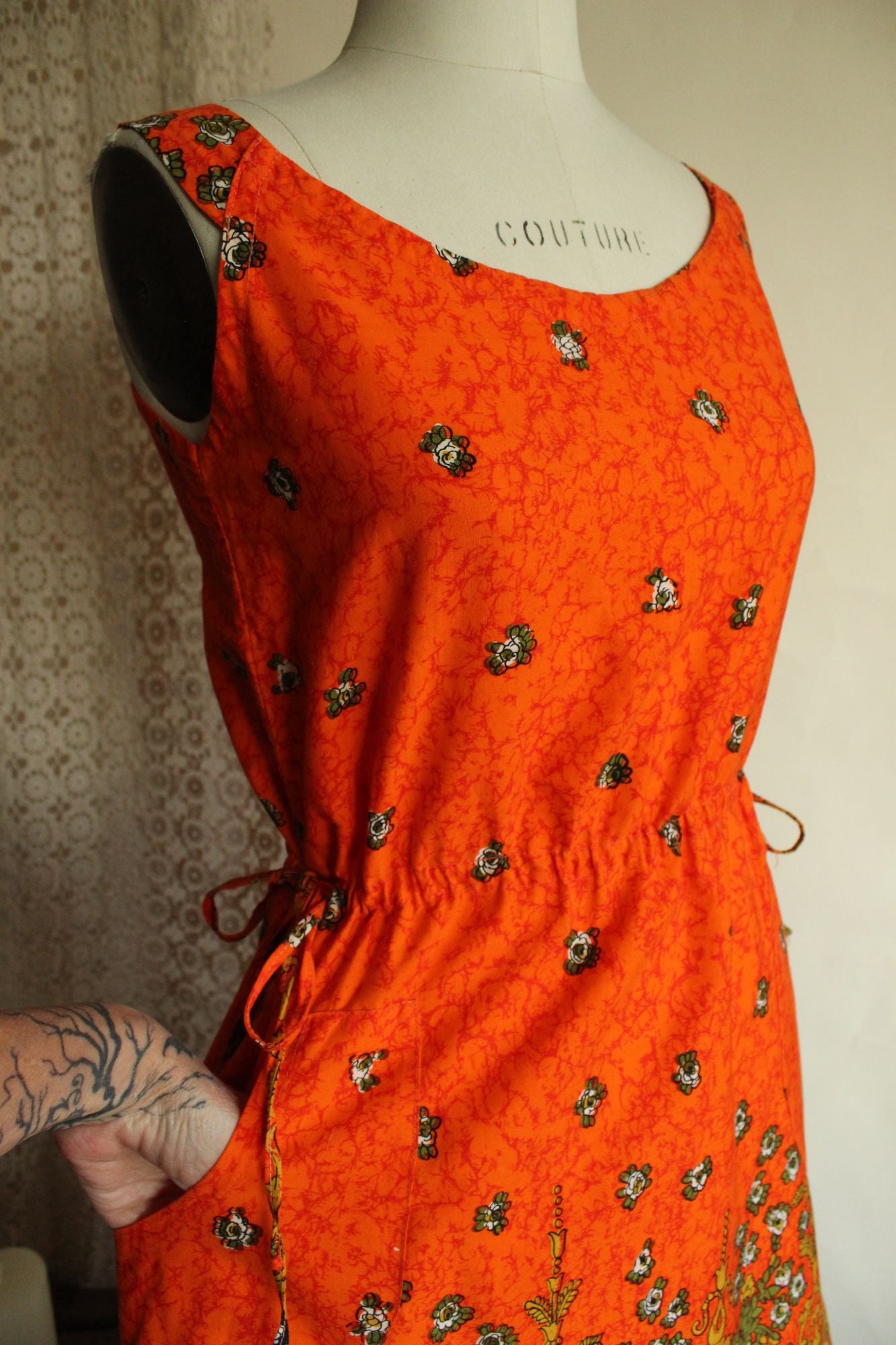 Vintage 1970s 1980s Orange and Black Floral Print Sundress with Pockets
