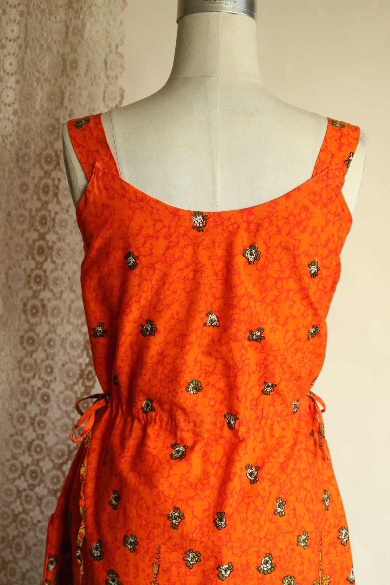 Vintage 1970s 1980s Orange and Black Floral Print Sundress with Pockets