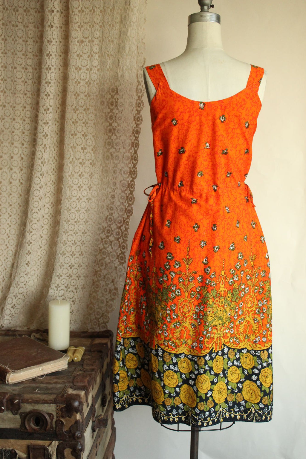 Vintage 1970s 1980s Orange and Black Floral Print Sundress with Pockets