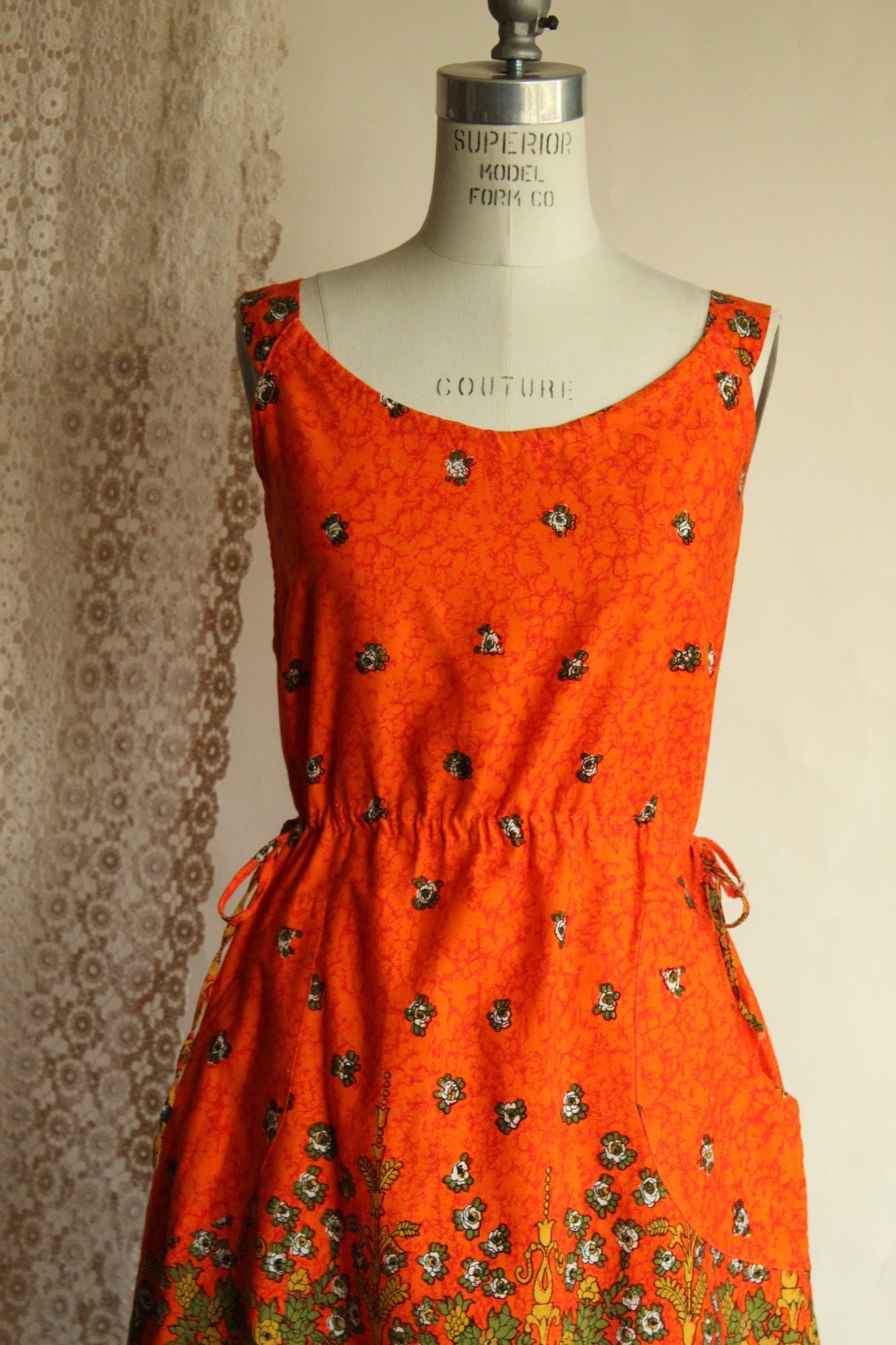 Vintage 1970s 1980s Orange and Black Floral Print Sundress with Pockets