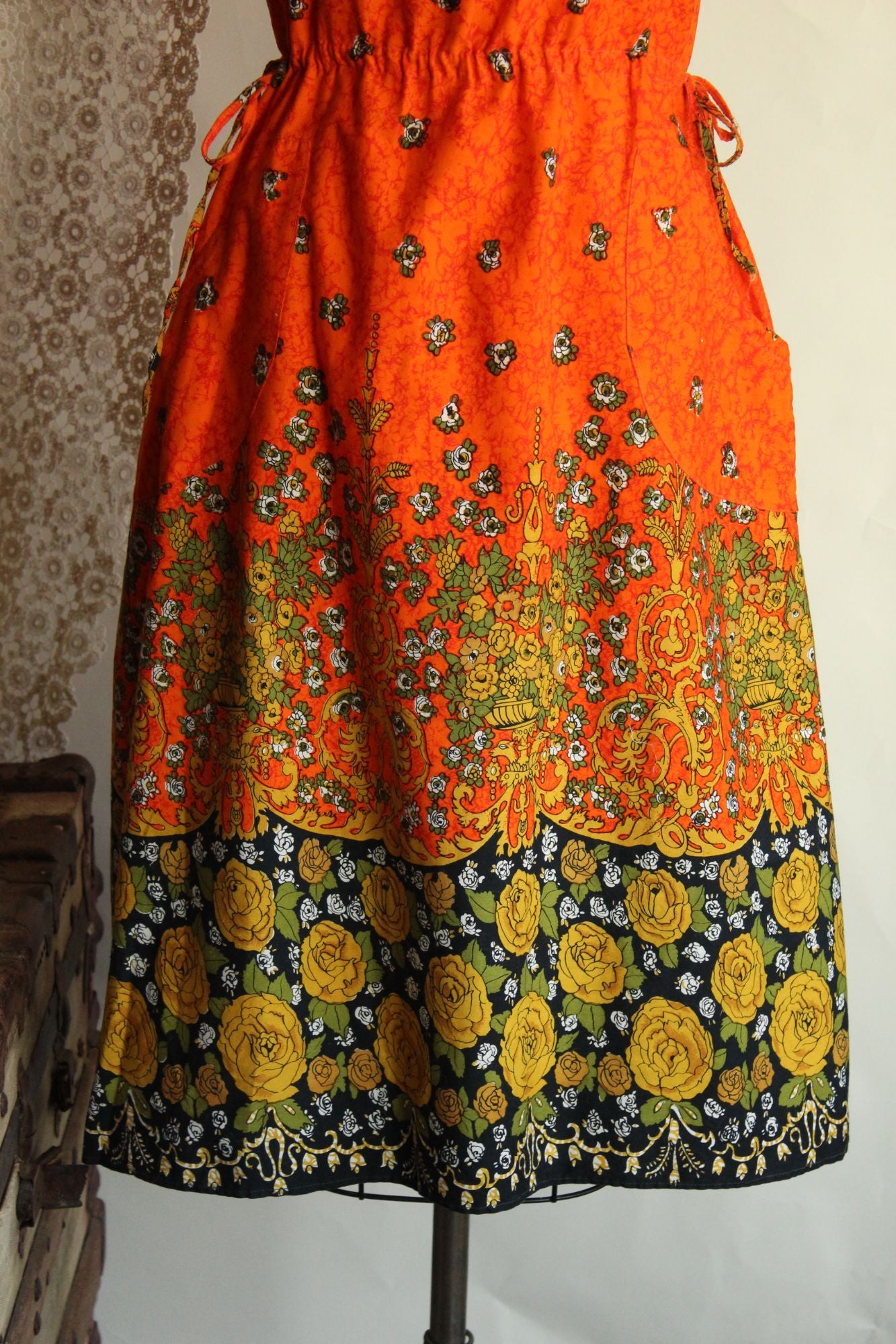 Vintage 1970s 1980s Orange and Black Floral Print Sundress with Pockets