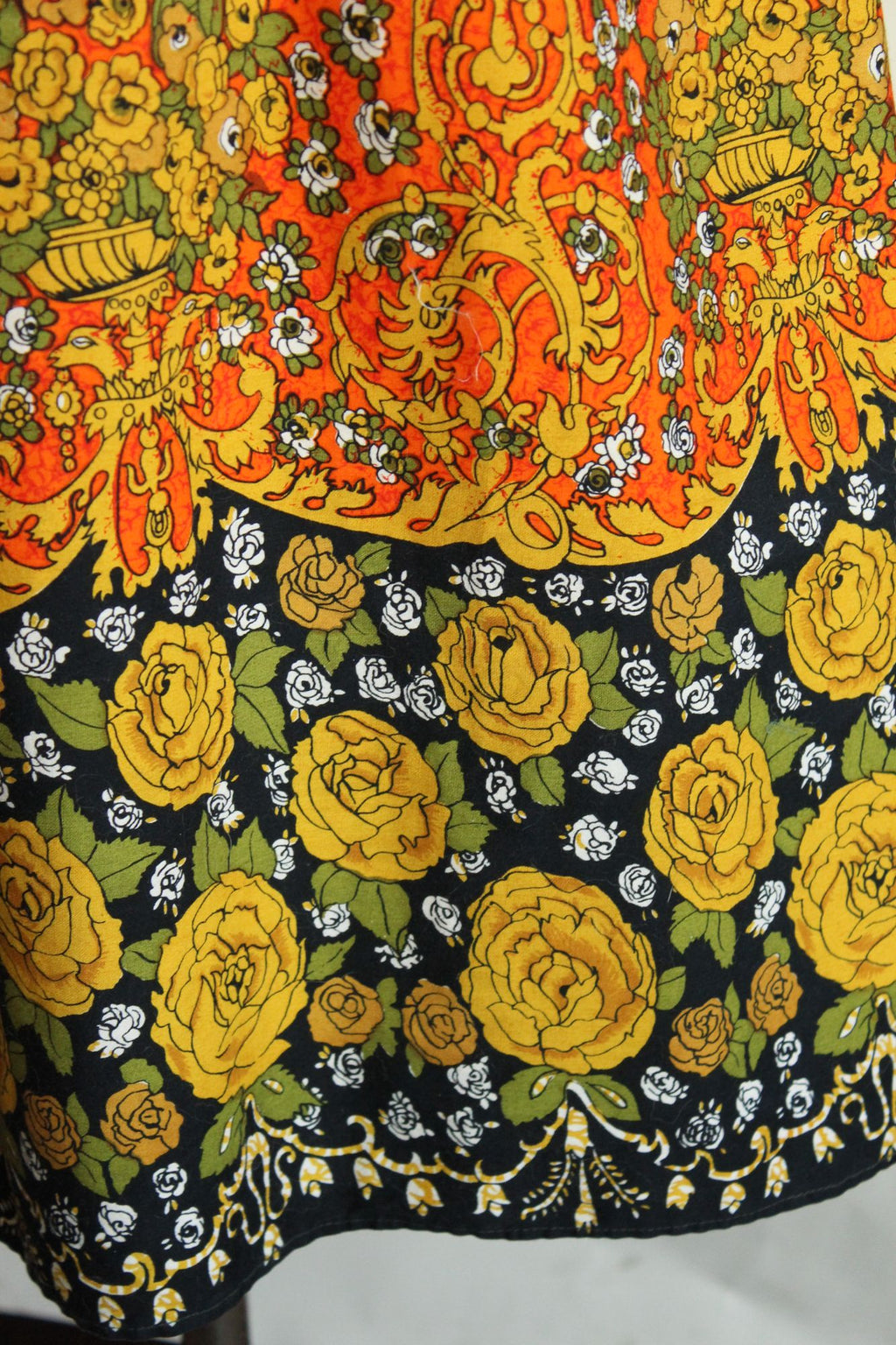 Vintage 1970s 1980s Orange and Black Floral Print Sundress with Pockets