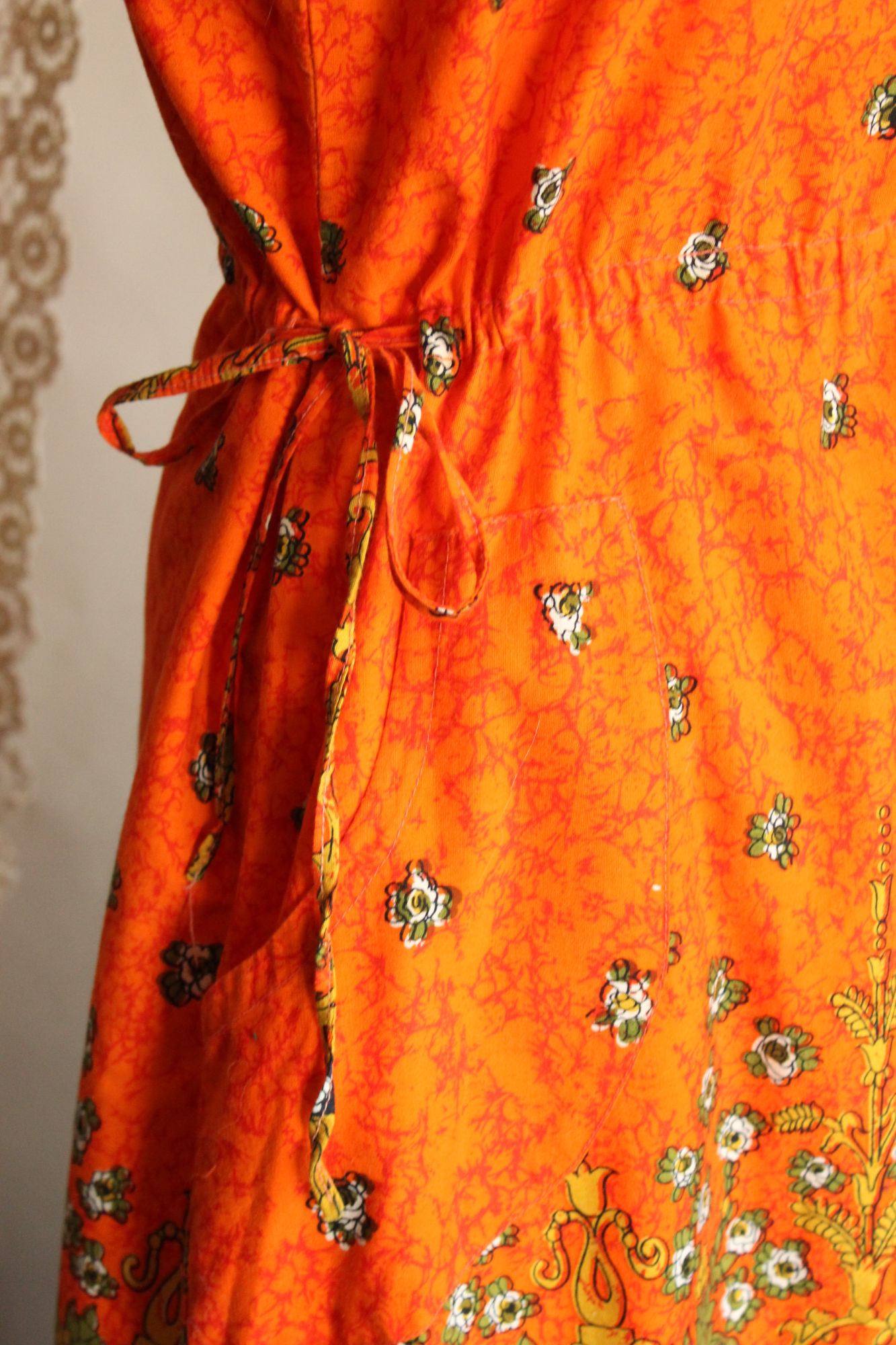 Vintage 1970s 1980s Orange and Black Floral Print Sundress with Pockets