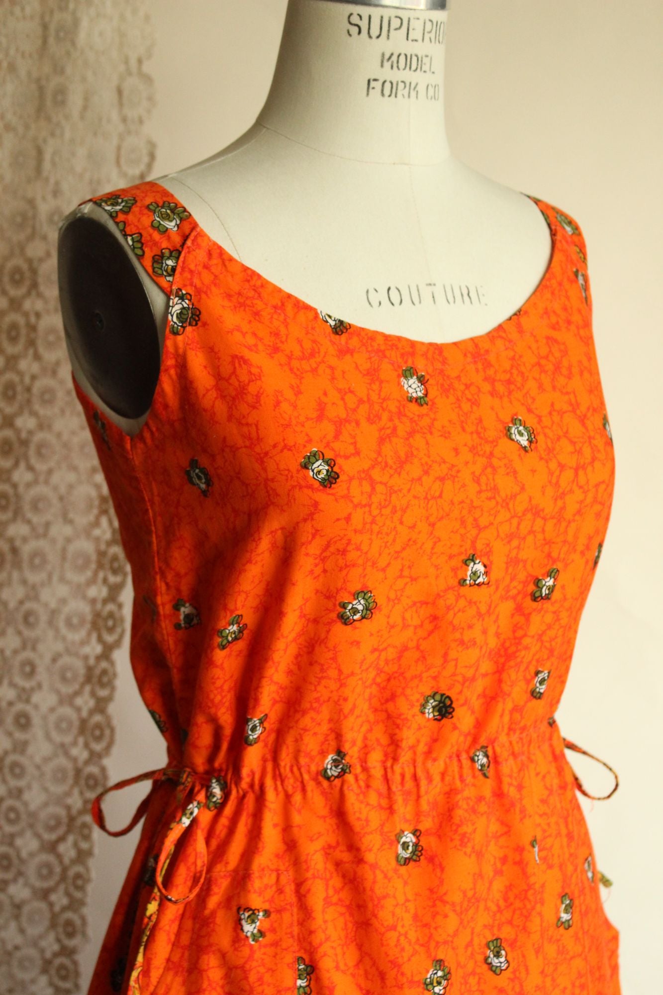 Vintage 1970s 1980s Orange and Black Floral Print Sundress with Pockets