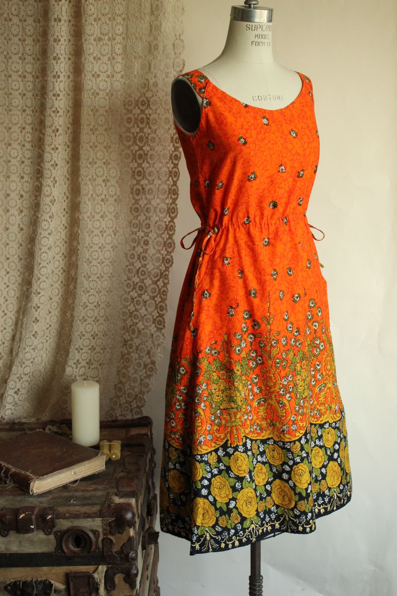Vintage 1970s 1980s Orange and Black Floral Print Sundress with Pockets