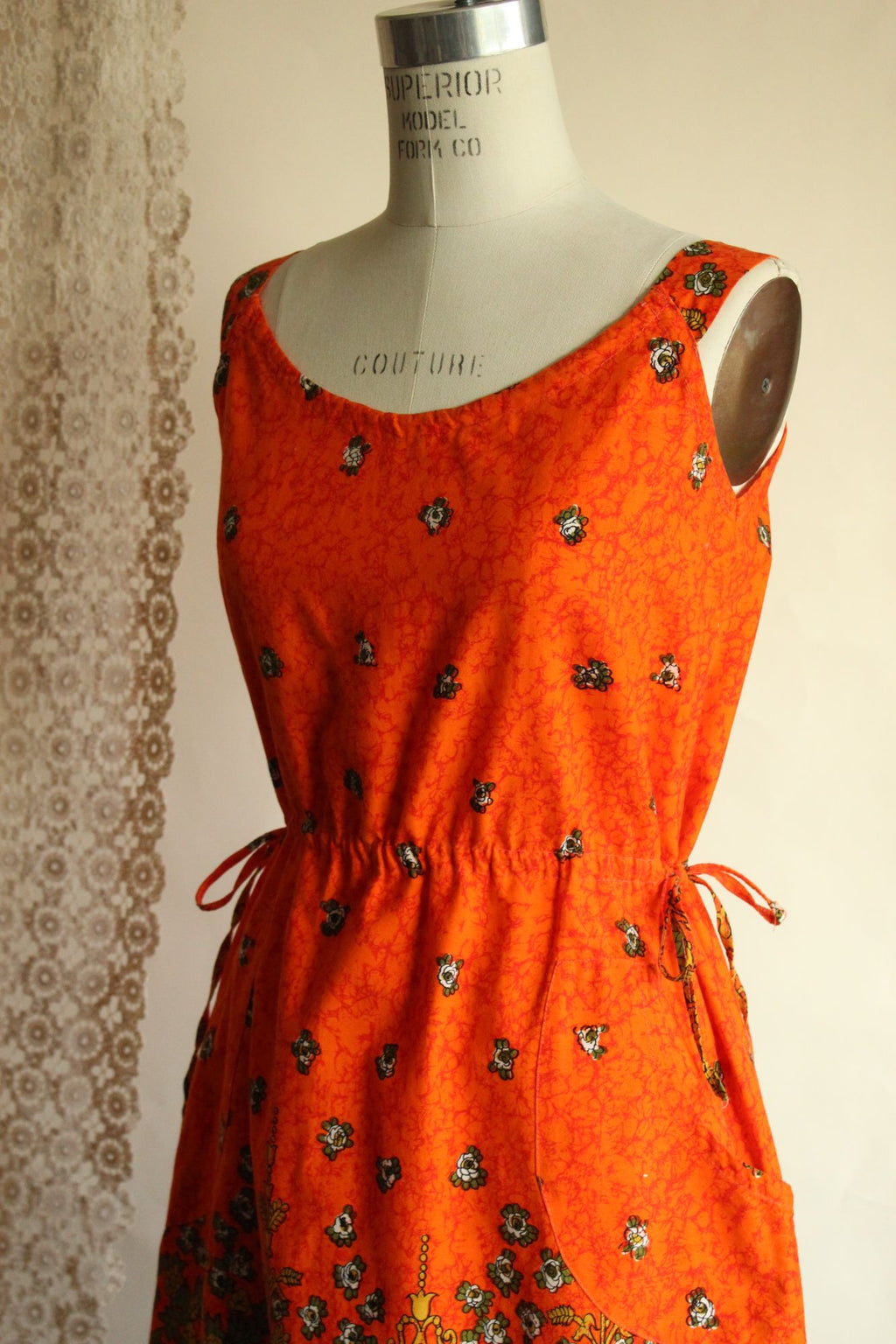 Vintage 1970s 1980s Orange and Black Floral Print Sundress with Pockets