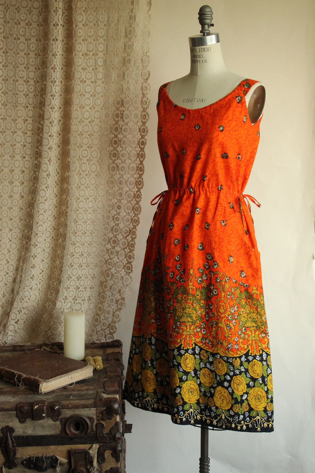 Vintage 1970s 1980s Orange and Black Floral Print Sundress with Pockets