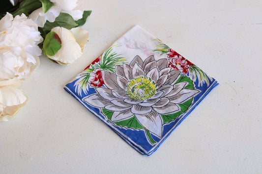 Vintage Cotton Handkerchief with Red White and Blue Flowers