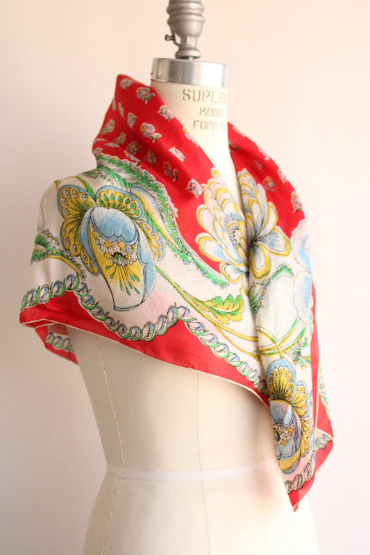 Vintage 1940s 1950s Red Blue Green Yellow Floral Print Silk Scarf