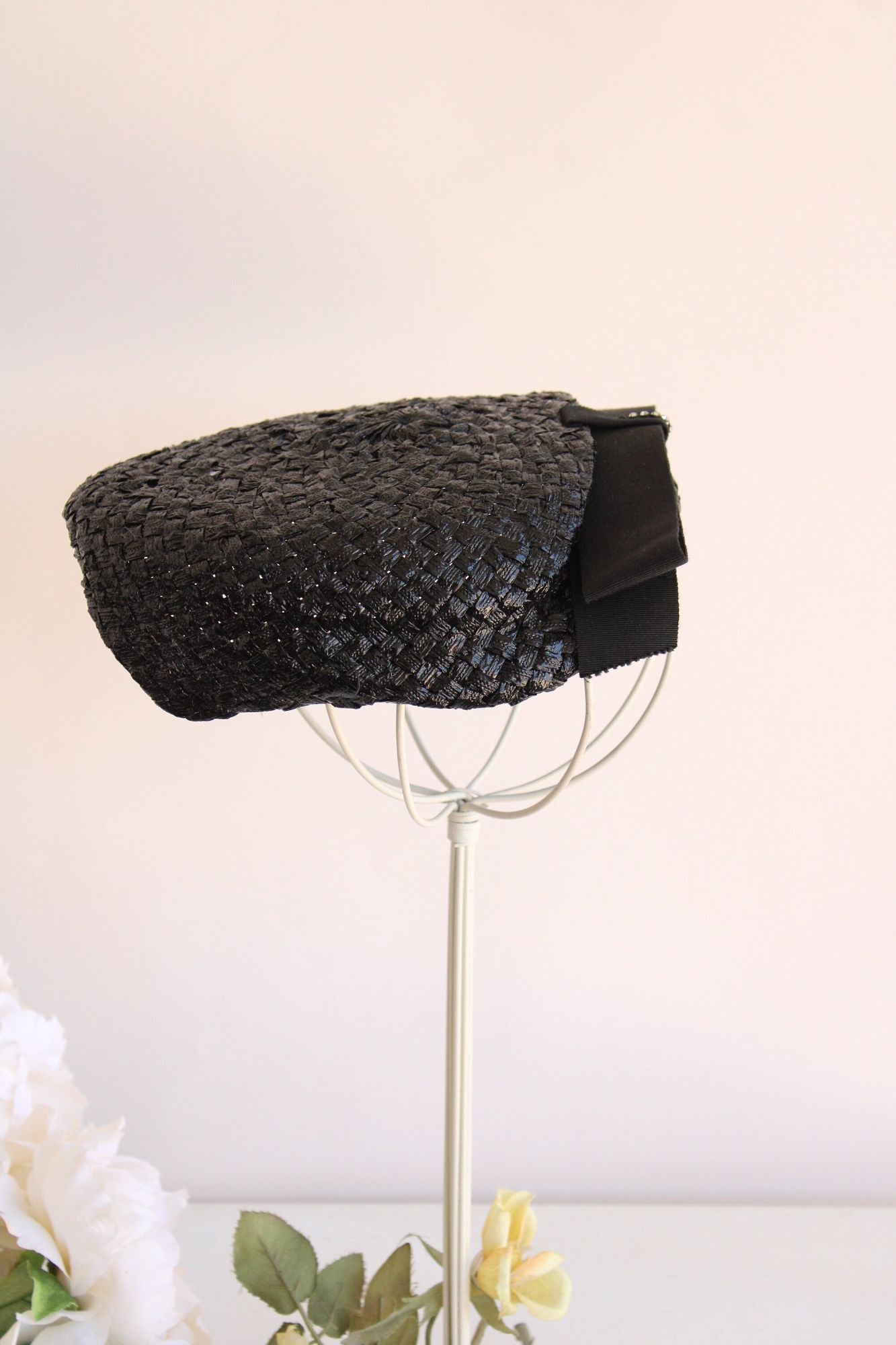 Vintage 1950s Black Straw Hat with Grosgrain Ribbon Bow and Rhinestones