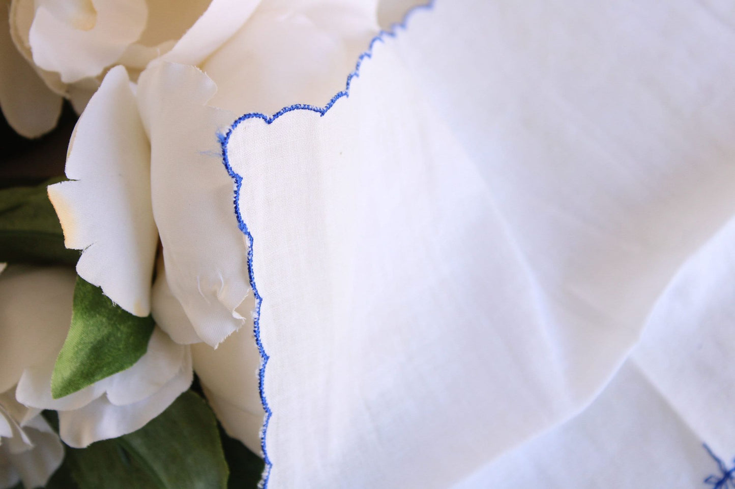 Vintage Blue VIne Embroidery on White Cotton Handkerchief