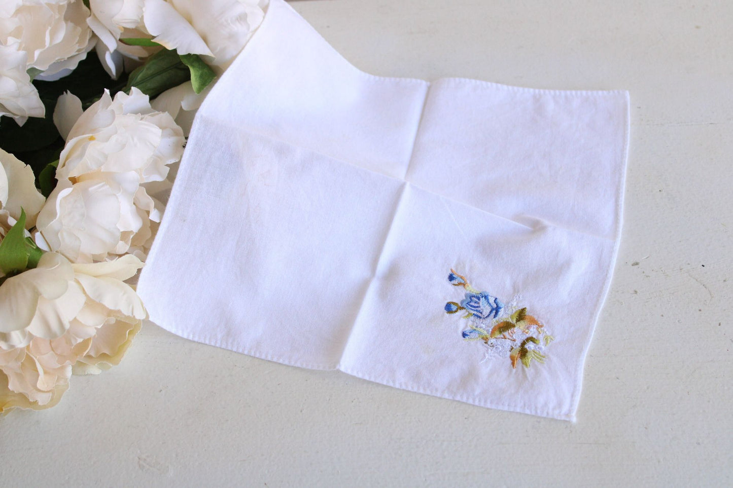 Vintage White Cotton With Blue Embroidered Roses Hanky