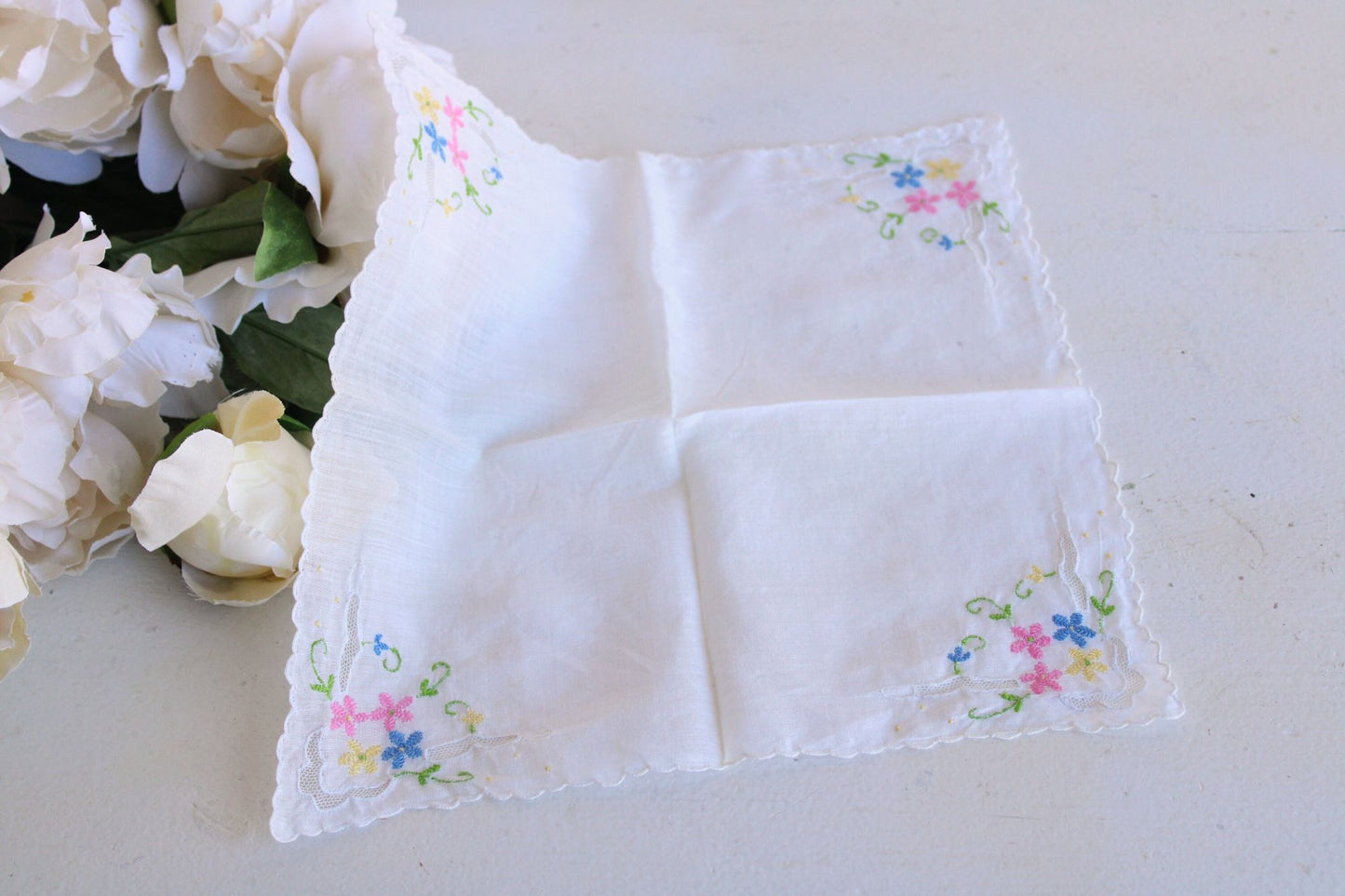 Vintage Pink Blue and Yellow Flower Embroidery on White Cotton Hankie