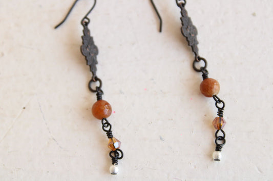 Handmade Women's Earrings, Black Metal with Brown Beads and a Faux Pearl Dangles