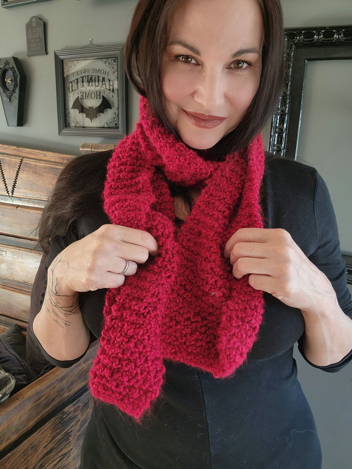 The "Crimson" Knit Scarf in a Chunky Red Boucle Yarn