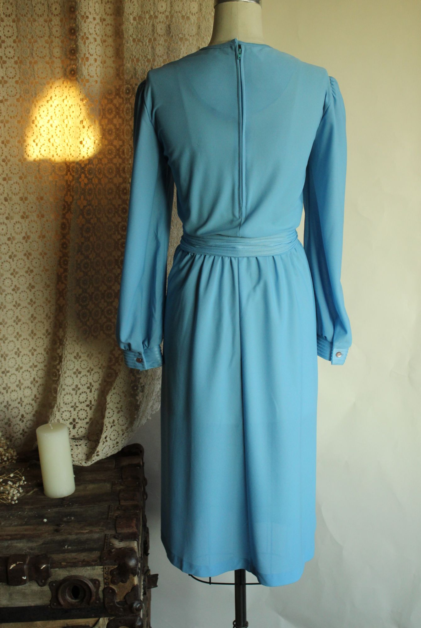 Vintage 1980's Blue Dress with Belt and Lace Trim