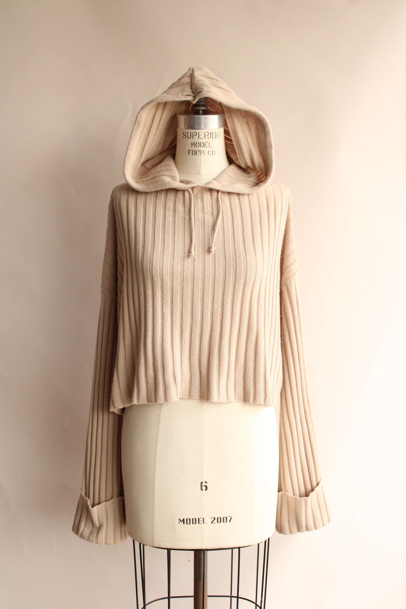 Nasty Gal Collection Womens Sweater, Size Large, Hooded, Beige Ribbed Cropped