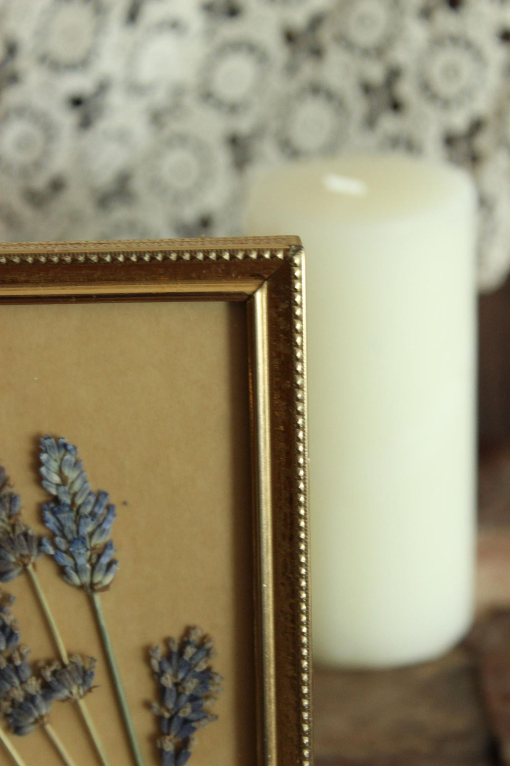 Pressed Dried Lavender in Vintage Gold Metal Frame