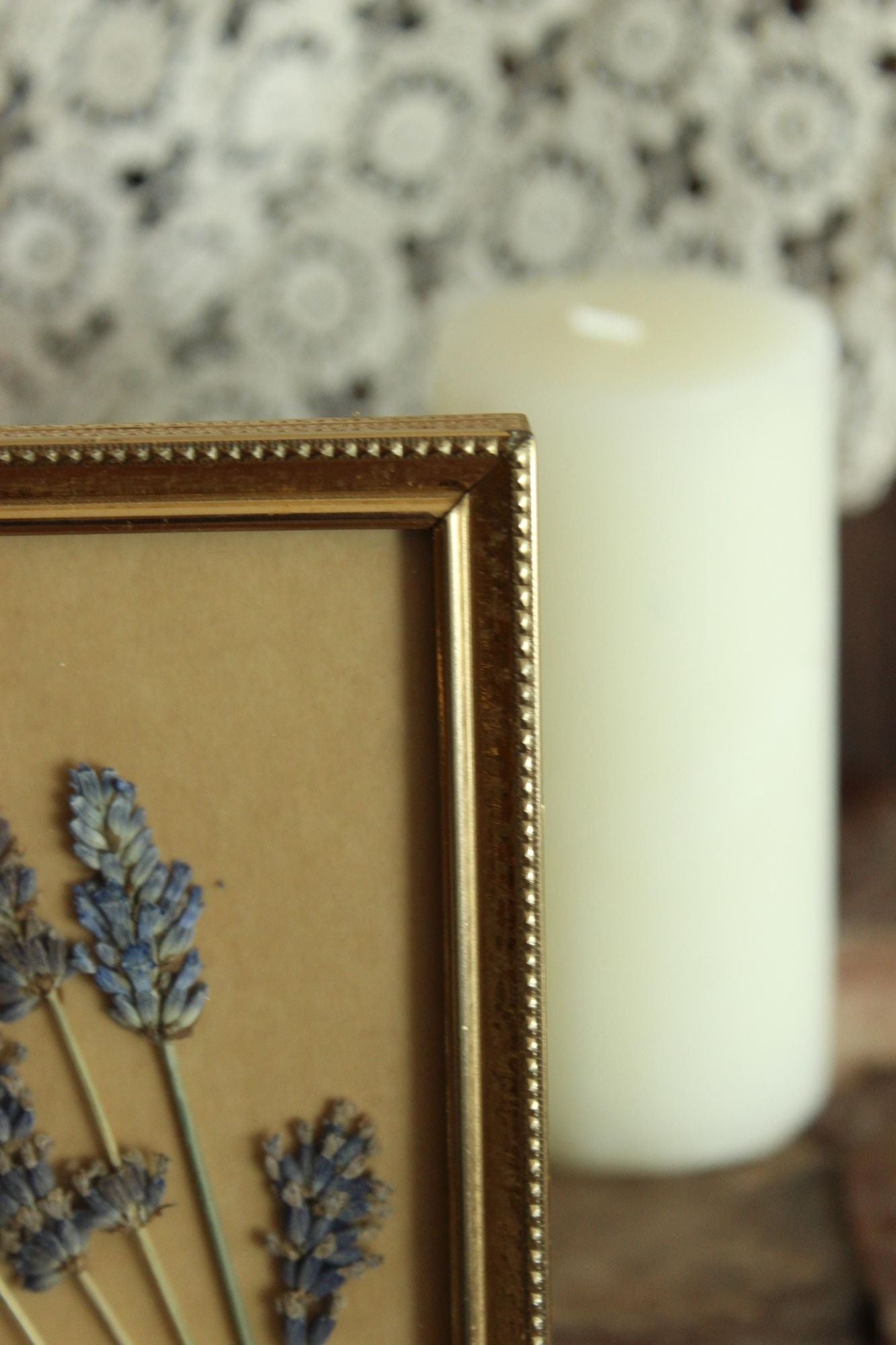 Pressed Dried Lavender in Vintage Gold Metal Frame