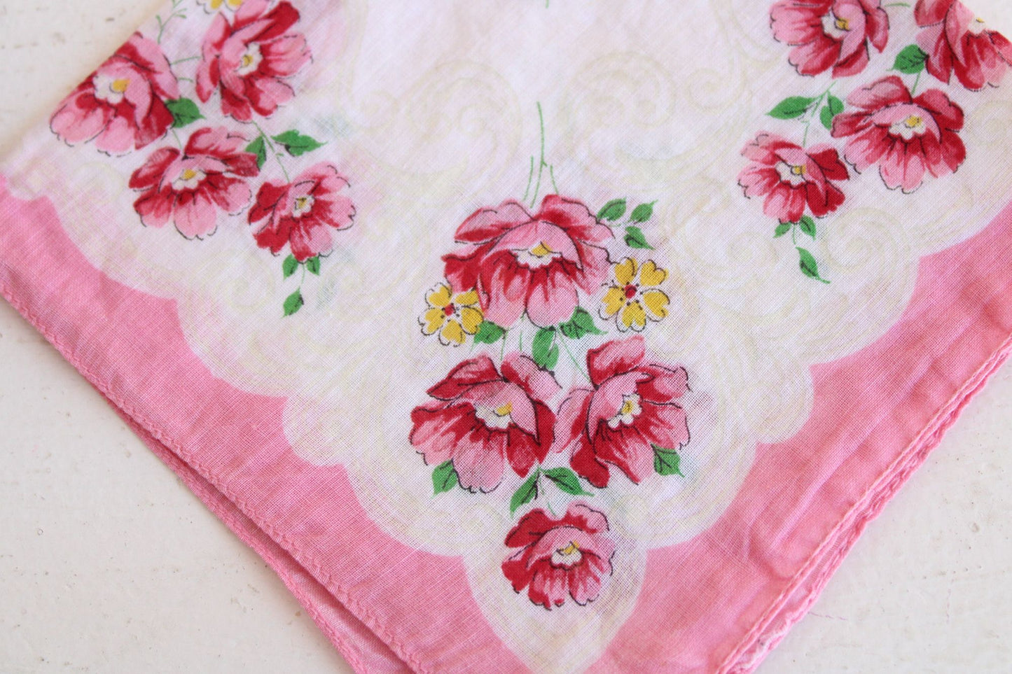 Vintage Pink and White Flower Print Cotton Handkerchief