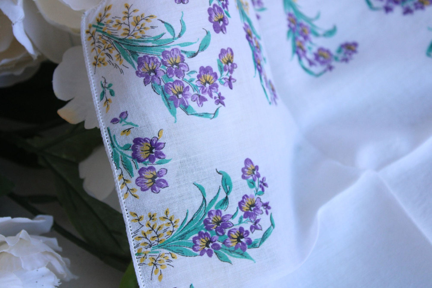 Vintage Handkerchief, Purple Floral Print on White Cotton Hankie