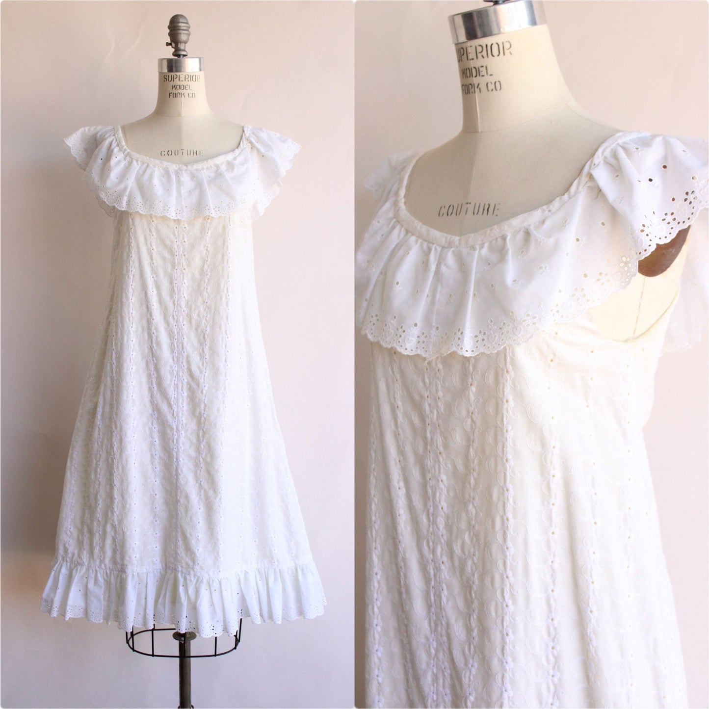 Vintage 1970s 1980s White Eyelet Dress in Embroidered Floral with Yellow Lining