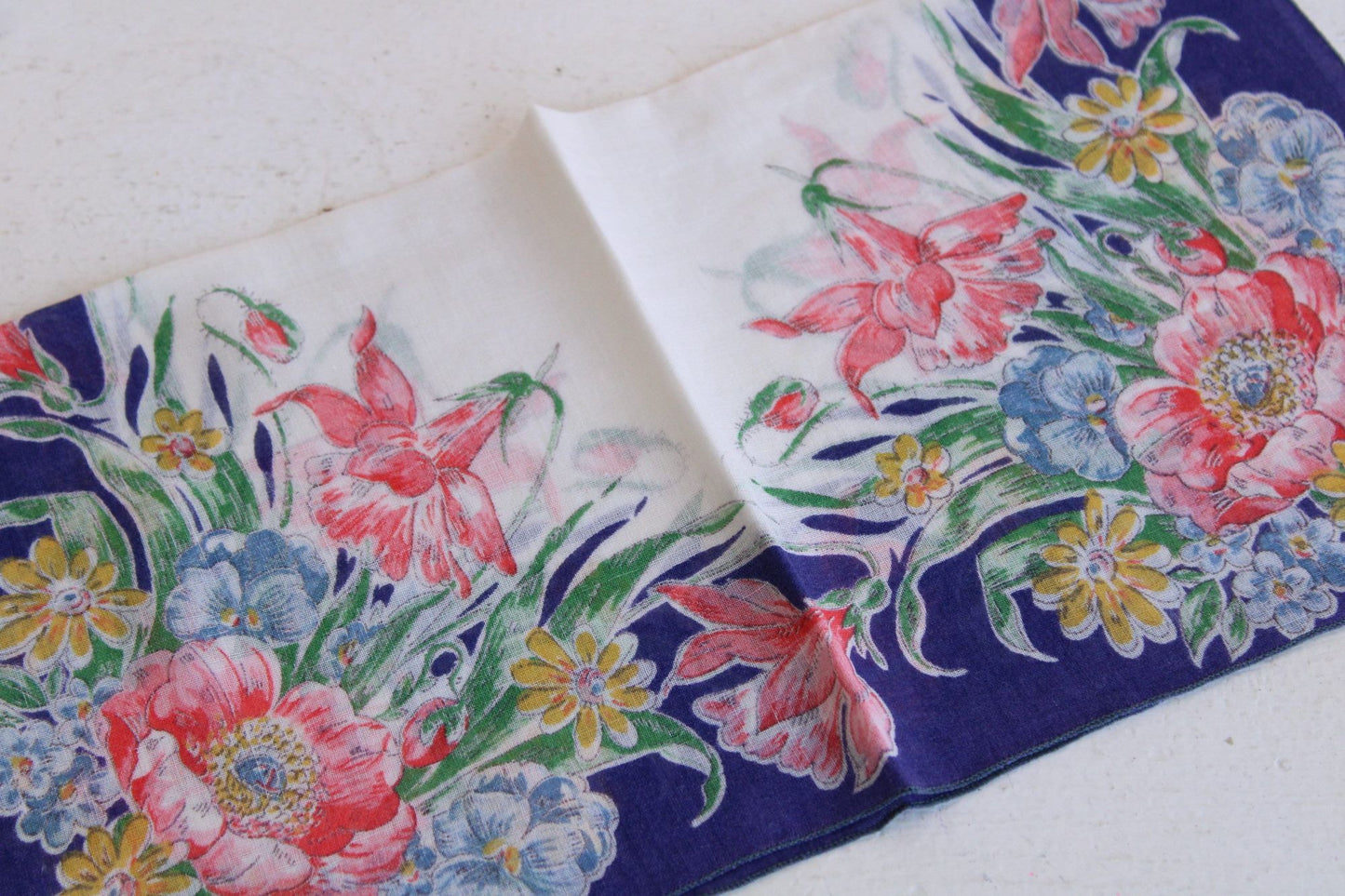 Vintage 1950s Red Blue and Yellow Wildflowers Handkerchief