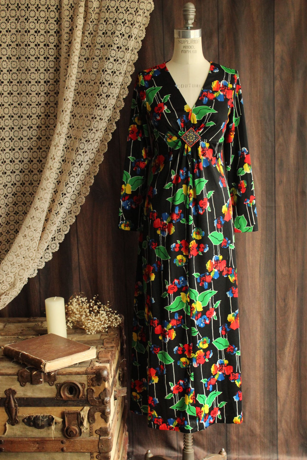 Vintage 1960s Black Floral Print with Brooch Maxidress