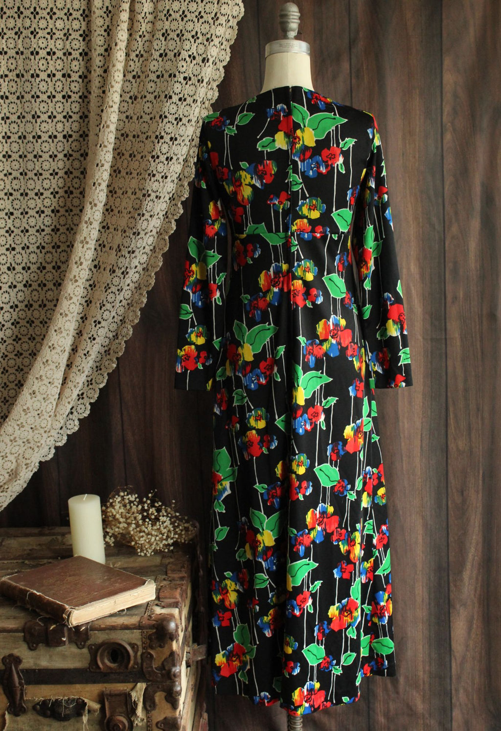 Vintage 1960s Black Floral Print with Brooch Maxidress