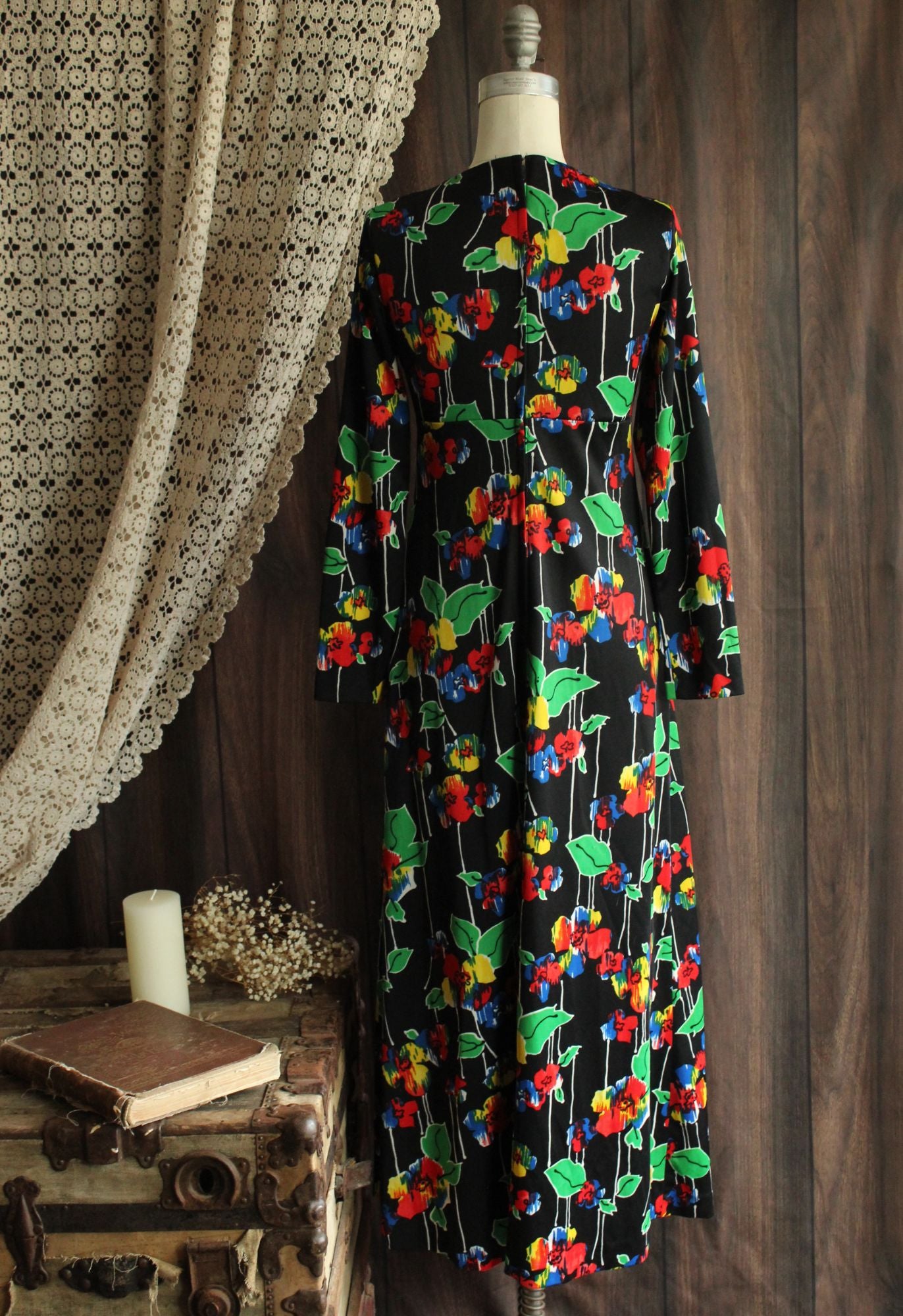 Vintage 1960s Black Floral Print with Brooch Maxidress