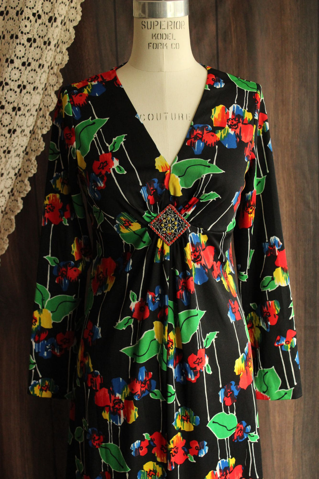 Vintage 1960s Black Floral Print with Brooch Maxidress