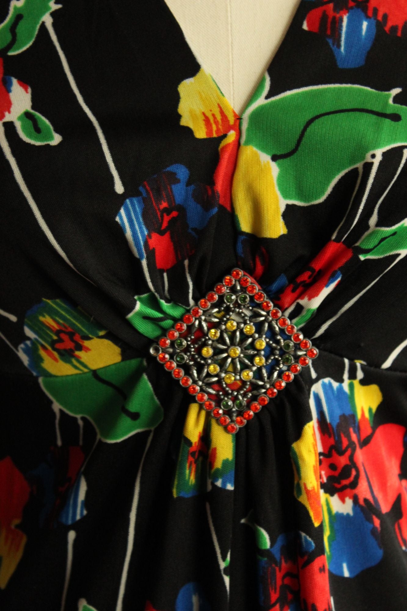 Vintage 1960s Black Floral Print with Brooch Maxidress