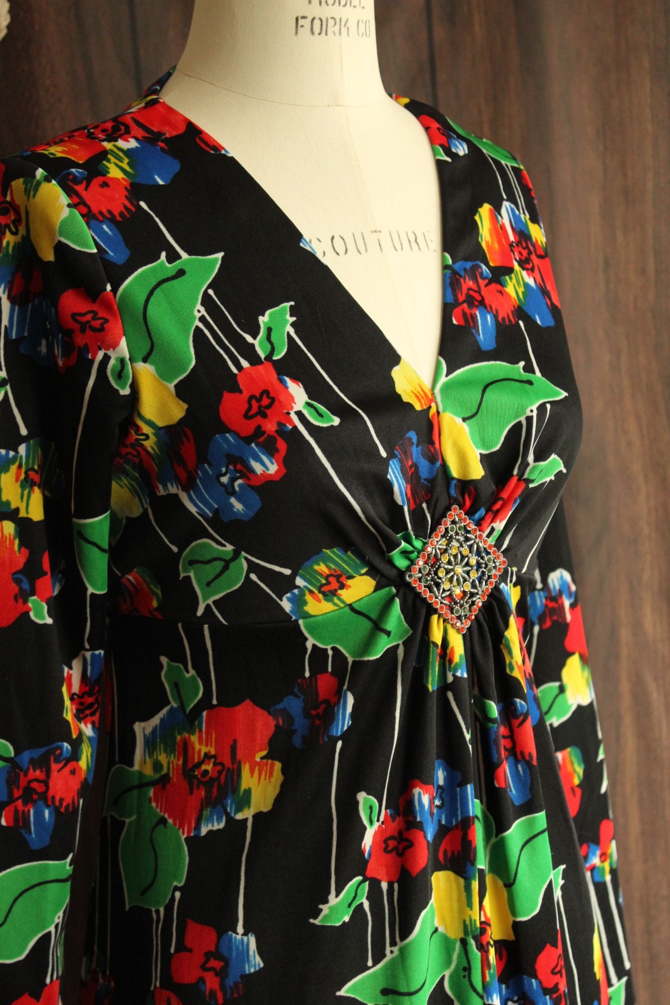 Vintage 1960s Black Floral Print with Brooch Maxidress