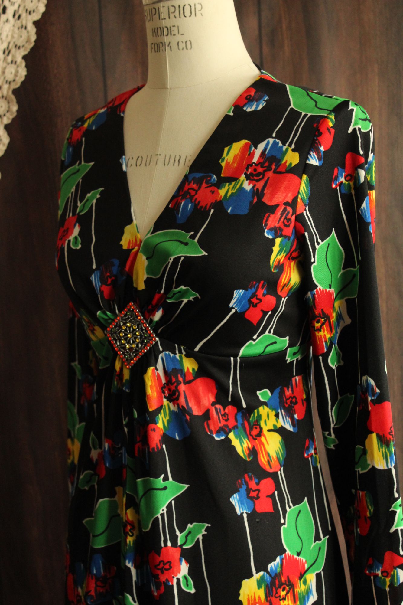 Vintage 1960s Black Floral Print with Brooch Maxidress