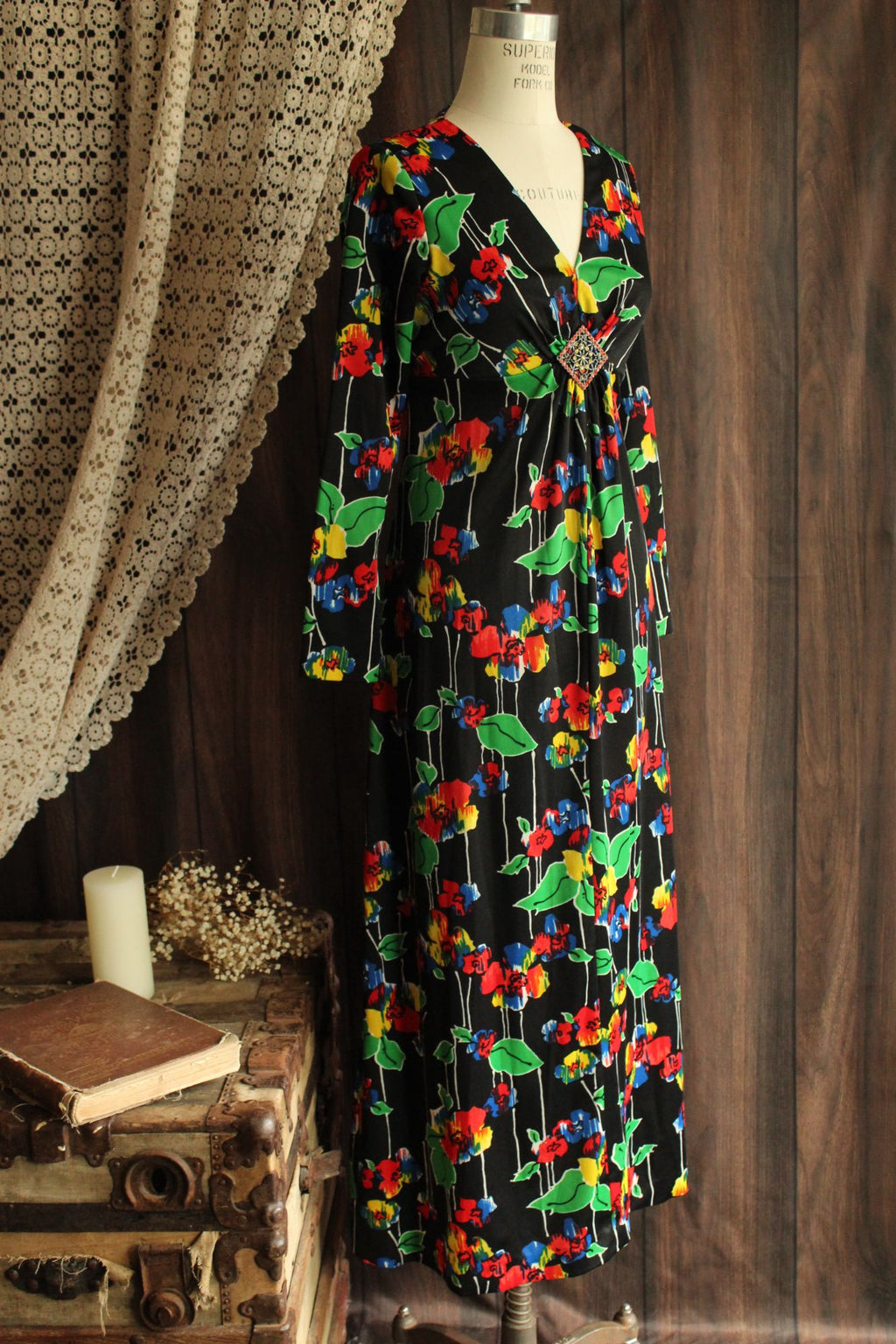 Vintage 1960s Black Floral Print with Brooch Maxidress