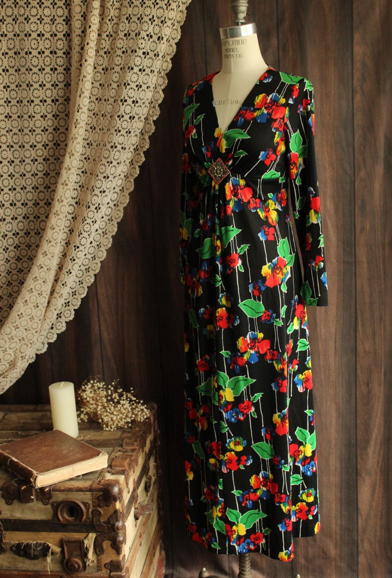 Vintage 1960s Black Floral Print with Brooch Maxidress