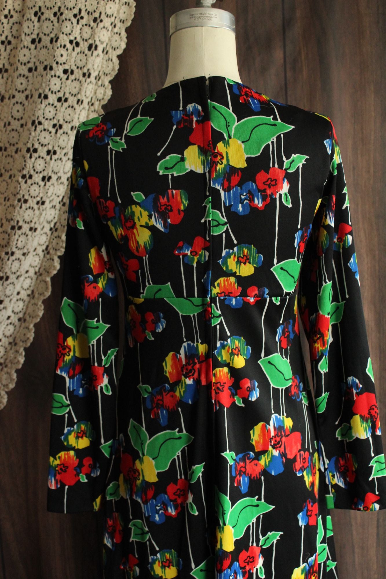 Vintage 1960s Black Floral Print with Brooch Maxidress