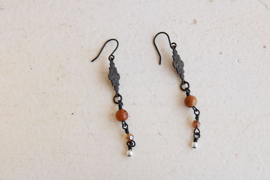 Handmade Women's Earrings, Black Metal with Brown Beads and a Faux Pearl Dangles