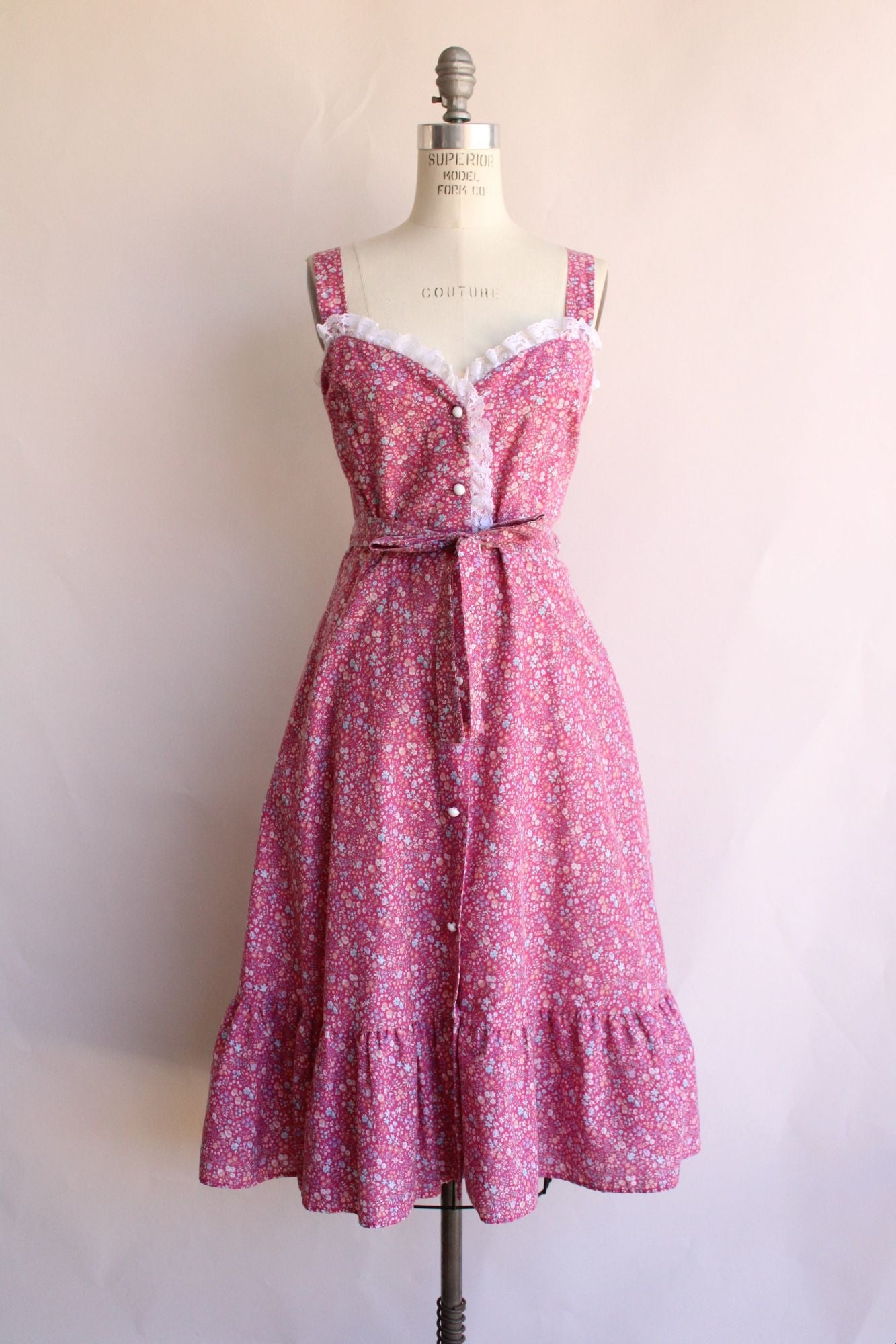 Vintage 1970s 1980s Pink Floral Calico Sundress with Pockets